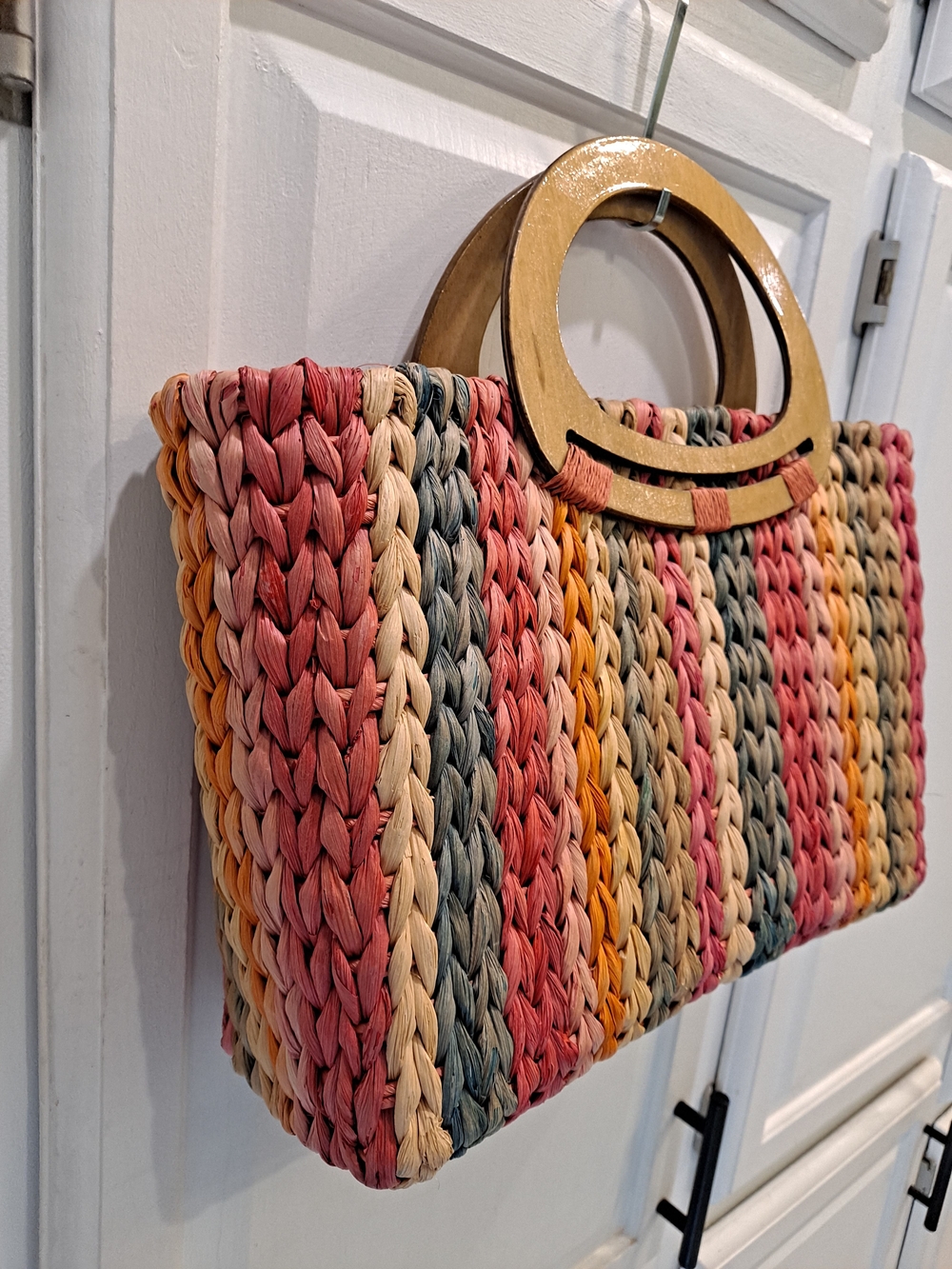 Cappelli Straworld Rainbow Braided Straw Tote w/Wooden Oval Handles Vintage Boho - Picture 4 of 10